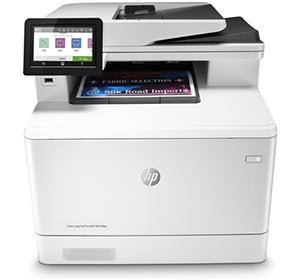 HP Color LaserJet Pro MFP M479fdw multifunction printer showing touchscreen display, designed for efficient office printing and scanning.