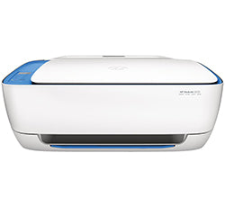 Front view of HP DeskJet 3630 All-in-One printer for wireless printing, scanning, and copying, featuring a compact white design.