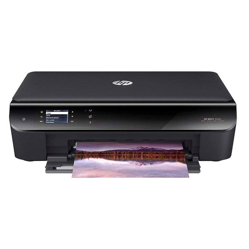 HP ENVY 4500 e-All-in-One printer with printed color photo, features compact design for home or small office, supports wireless printing.