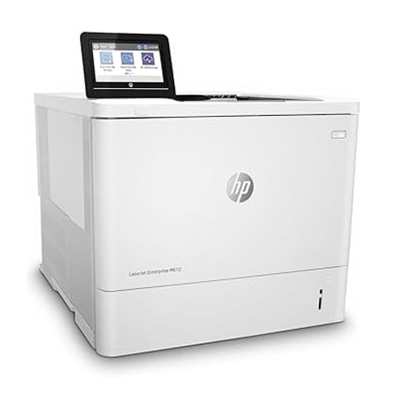 HP LaserJet Enterprise M612x monochrome printer with auto-duplex, high-volume capacity, and touchscreen display.