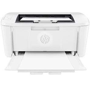 Front view of HP LaserJet M110 compact monochrome printer, ideal for small offices, with USB interface and 600x600 dpi resolution.