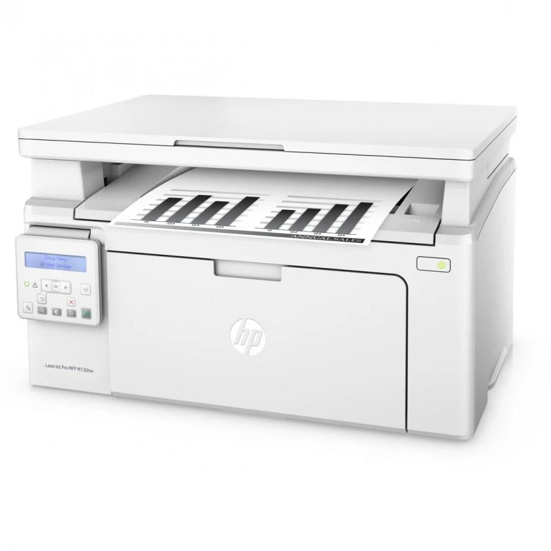 HP LaserJet Pro MFP M130a monochrome multifunction printer with scanning and copying features, ideal for home or small office use.