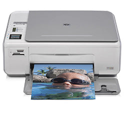 HP PhotoSmart C4280 All-in-One printer printing a high-quality color photo. Compact design for home and office use.