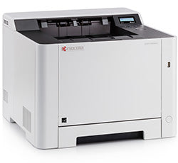 Kyocera Ecosys P5026cdw color laser printer with duplex and WiFi, offering 26 ppm speed, shown in a sleek white design.