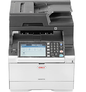 Oki MC573DN multifunction color laser printer with high-speed printing and duplex capabilities, front view.