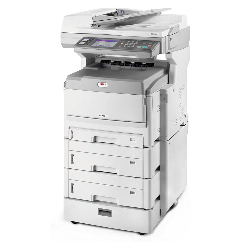 Oki MC851+ multifunktionaler Farblaserdrucker mit 22 Seiten pro Minute, 1200x600 dpi Auflösung, Duplexdruck, Scannen, Kopieren, Faxen.