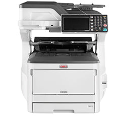 Oki MC853 multifunction color printer with high-speed printing, scanning, copying, and fax features, front view.