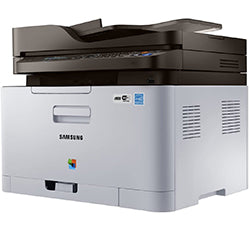 Samsung Xpress C480FW multifunction color laser printer with print, copy, scan, and fax capabilities, features compact design.
