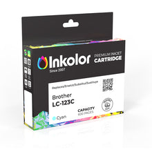 Brother LC-123C kompatible Tintenpatrone Cyan Verpackung, geeignet für 600 Seiten Druck, ideal für Büro und Zuhause.