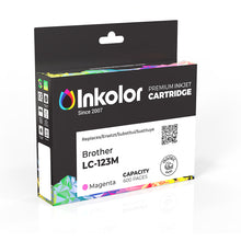 Compatible Brother LC-123M magenta ink cartridge packaging, 600 page capacity, vibrant color printing, ideal for home and office.