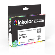 Brother LC-123Y compatible yellow ink cartridge packaging, 600-page capacity, premium quality, ideal for office and home printing.