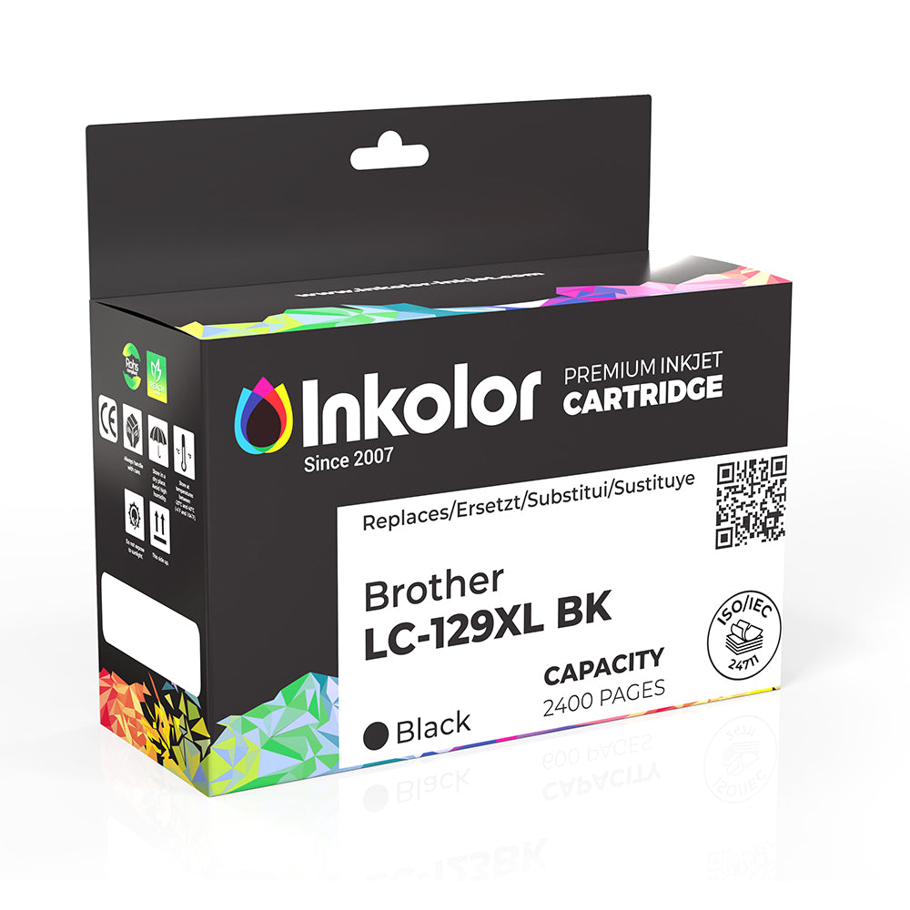 Brother LC-129XL BK compatible ink cartridge box, black, 2400 pages, ideal for sharp text and graphics, packaging view
