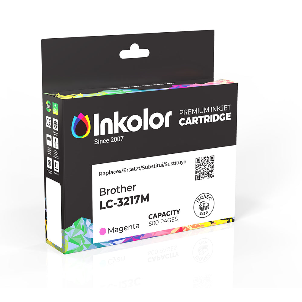 Brother LC-3217M compatible magenta ink cartridge packaging, high-quality color accuracy, reliable for professional prints.