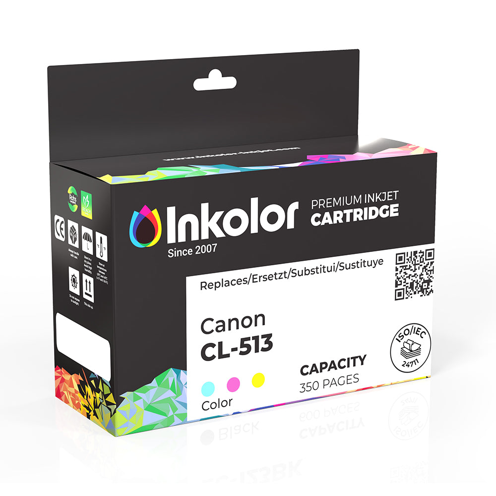 Compatible Canon CL-513 color ink cartridge packaging showing Inkolor branding and 350-page capacity.