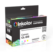 Compatible Canon CL-513 color ink cartridge packaging showing Inkolor branding and 350-page capacity.