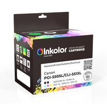 Canon PGI-550XL CLI-551XL Multipack compatible ink cartridges packaging with 2 black, cyan, magenta, and yellow cartridges.