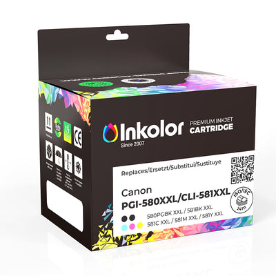 Verpackung für Canon PGI-580XXL / CLI-581XXL Multipack kompatible Tintenpatronen 2x Schwarz, Cyan, Magenta, Gelb.