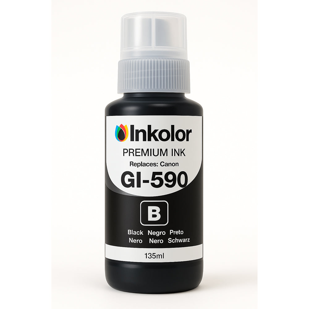 Canon GI-590PGBK compatible black ink cartridge for refillable printers, offers high page yield and sharp print quality.
