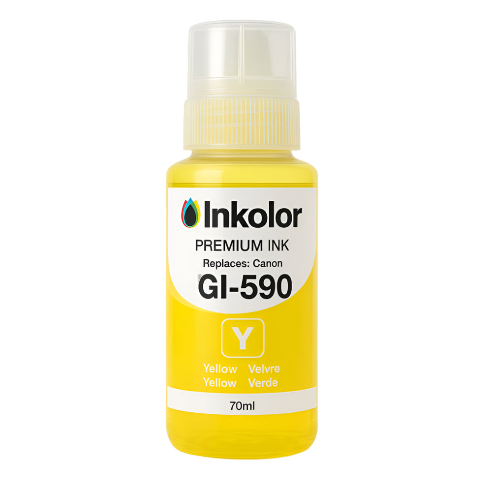 Canon GI-590Y compatible yellow ink cartridge for MegaTank printers, high capacity 70ml bottle, premium quality by Inkolor.