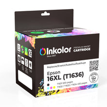 Inkolor Epson 16XL T1636 compatible ink cartridge multipack for high-quality printing in black, cyan, magenta, and yellow.