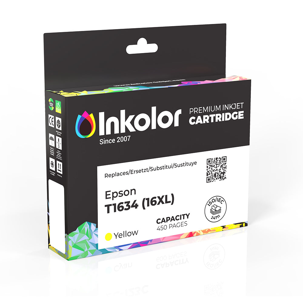 Epson 16XL (T1634) compatible yellow ink cartridge box from Inkolor, for high-quality, vibrant, long-lasting prints, 450 pages.