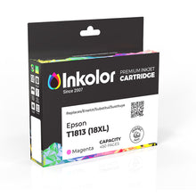 Epson 18XL T1813 Magenta ink cartridge packaging for high-quality, cost-efficient printing, 450-page capacity, Inkolor brand.