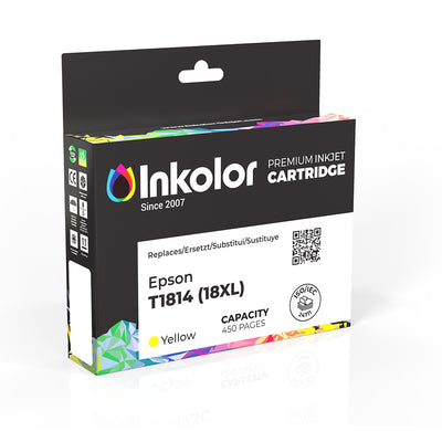 Epson 18XL (T1814) kompatible Tintenpatrone Gelb in Verpackung, hohe Druckqualität, 450 Seitenkapazität, ideal für Zuhause und Büro.