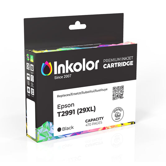 Verpackung der Epson 29XL (T2991) kompatible Tintenpatrone Schwarz mit 470 Seiten Kapazität, ideal für Heim- und Büroanwendungen.
