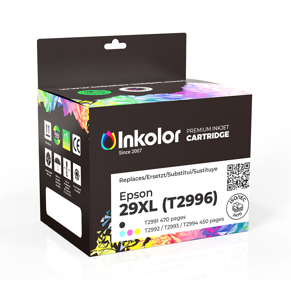 Epson 29XL T2996 Multipack ink cartridges, high yield, compatible with vibrant colors, ideal for efficient printing.