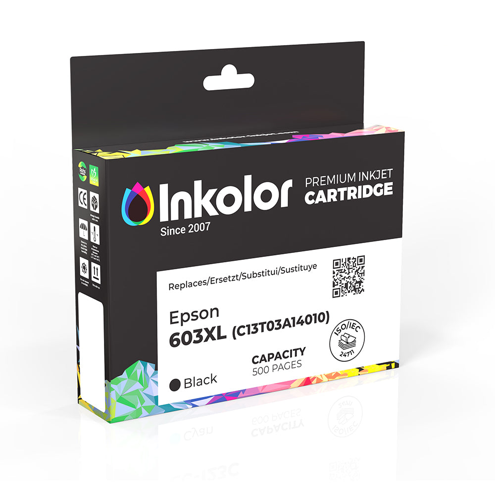 Inkcolor box for Epson 603XL (C13T03A14010) compatible black ink cartridge, 500-page capacity, premium inkjet quality.