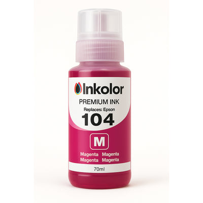 Epson 104 (T00P340) kompatible Tintenpatrone Magenta in Flasche vor weißem Hintergrund für lebendige Drucke