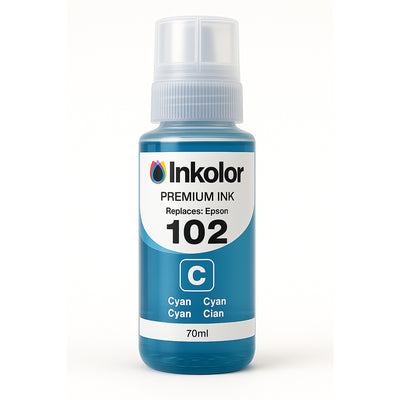 Epson 102 (T03R240) kompatible Tintenpatrone Cyan, zeigt eine 70ml Flasche Tinte für lebhafte Drucke in Heim- und Büroumgebungen.