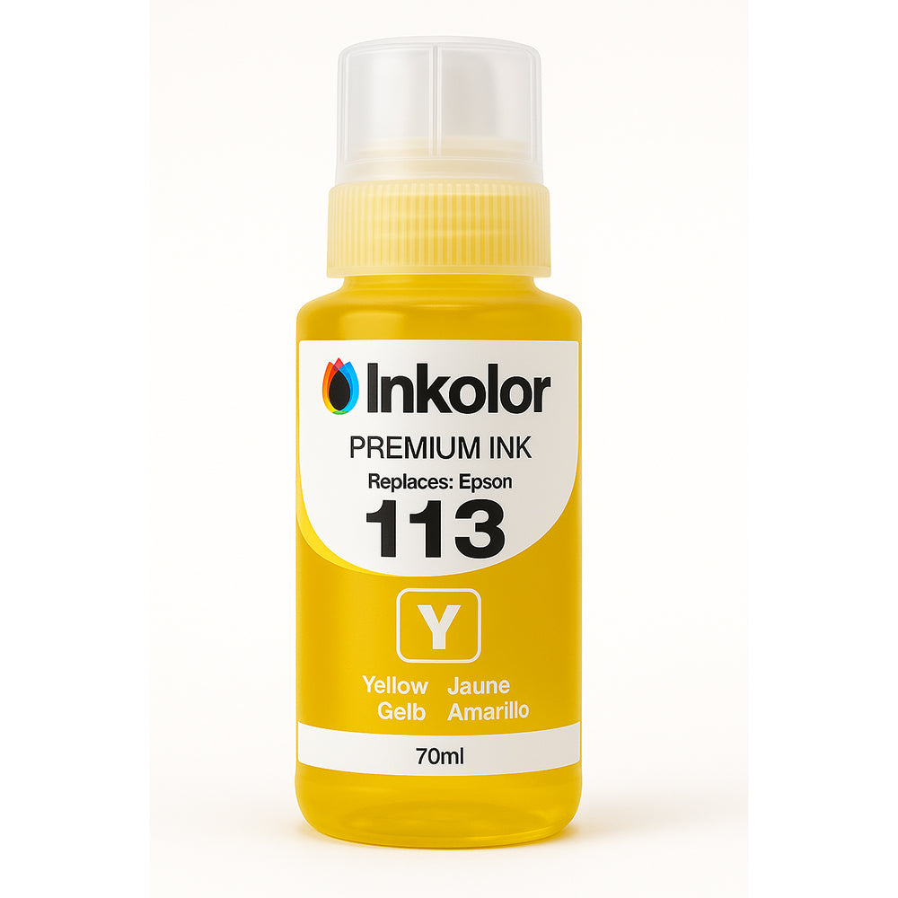 Yellow Inkolor premium ink bottle for Epson 113 printers, 70ml, featuring vibrant color for high-quality printing.
