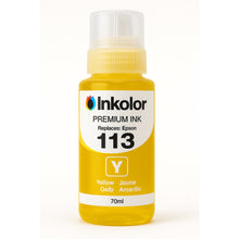 Yellow Inkolor premium ink bottle for Epson 113 printers, 70ml, featuring vibrant color for high-quality printing.