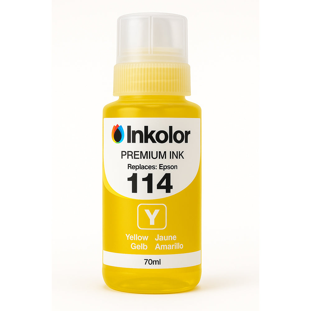 Yellow Epson 114 compatible ink cartridge by Inkolor for high-quality printing, suitable for home and office use.
