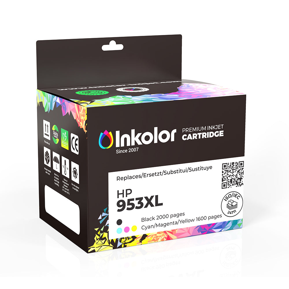 HP 953XL ink cartridge multipack by Inkolor, compatible with Black, Cyan, Magenta, Yellow, offering high page yield for quality prints.