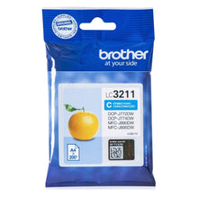 Brother LC-3211C Cyan Ink Cartridge Packaging with Orange Graphic