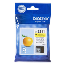 Brother LC-3211Y yellow ink cartridge packaging with orange graphic, compatible with various Brother printers.