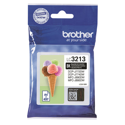 Brother LC-3213BK Tintenpatrone Schwarz Verpackung für hochwertige Druckergebnisse, ideal für Büros und Zuhause, 400 Seiten Kapazität.