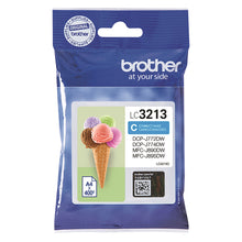 Brother LC-3213C Cyan Ink Cartridge packaging for professional, vibrant printing with up to 400 pages capacity.