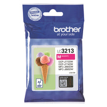 Brother LC-3213M Magenta ink cartridge packaging for vivid color printing, compatible with specific Brother printers.