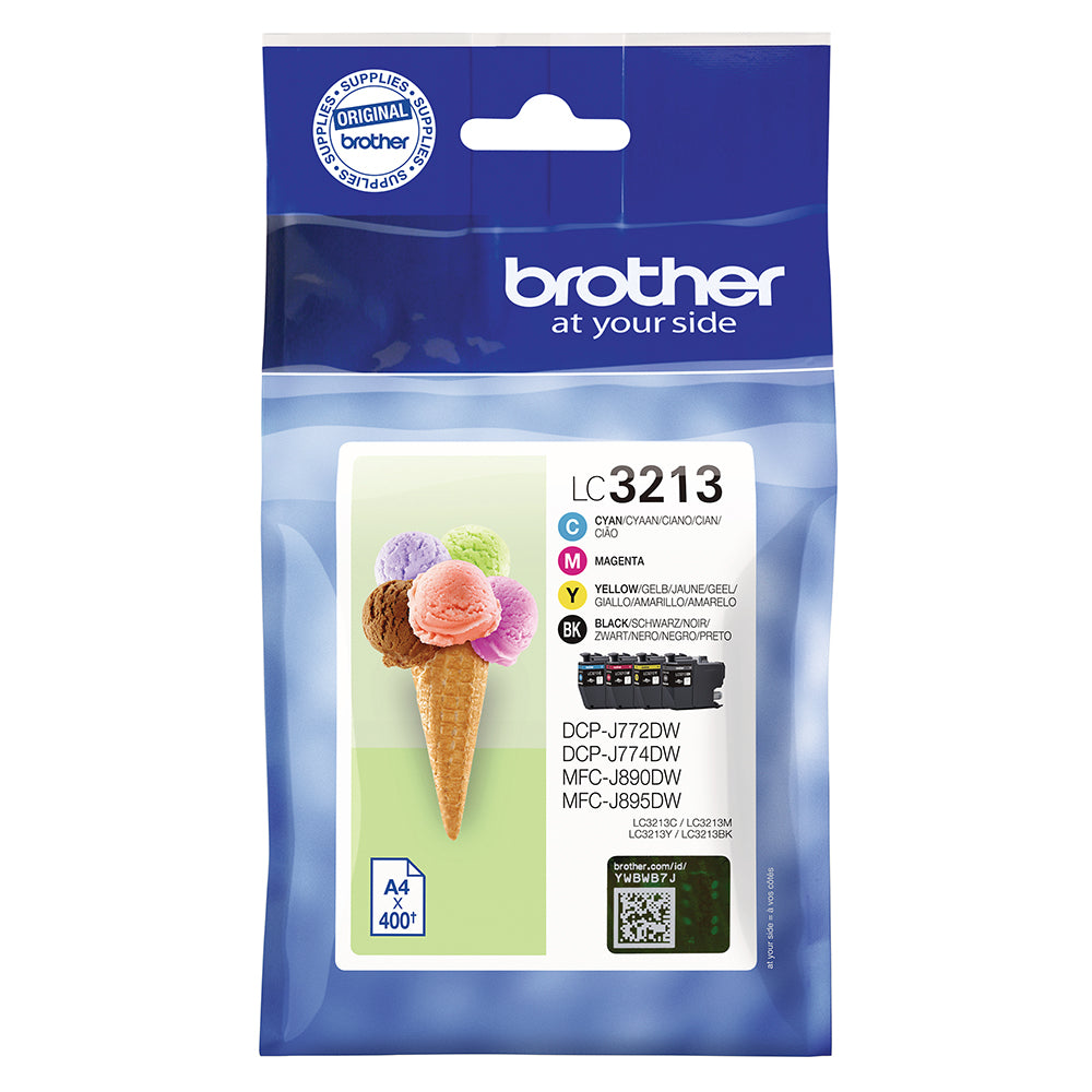 Brother LC-3213V Multipack Ink Cartridges in black, cyan, magenta, yellow, packaging for high-quality prints.