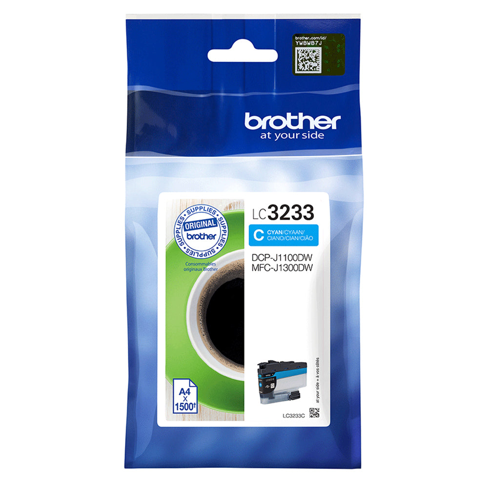 Brother LC-3233C Cyan ink cartridge packaging for 1500 pages, compatible with DCP-J1100DW, MFC-J1300DW printers.