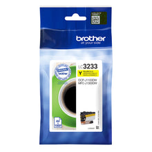 Brother LC-3233Y yellow ink cartridge in packaging, ideal for high-quality prints and large volume use, supports up to 1500 pages.