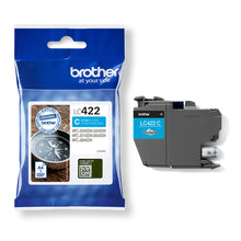 Brother LC-422C Cyan Ink Cartridge with packaging, ideal for vibrant color printing; up to 550 pages yield, designed for Brother printers.