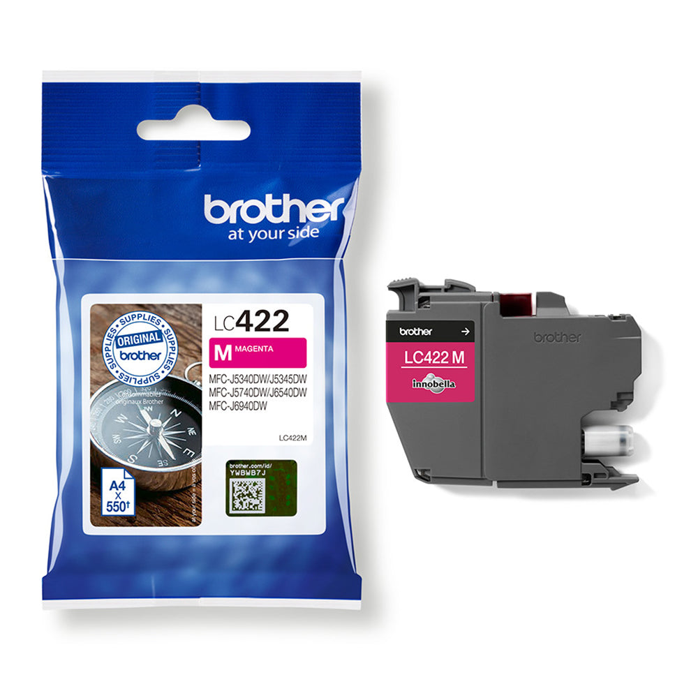 Brother LC-422M Magenta Ink Cartridge with packaging, ideal for vibrant color printing up to 550 pages, designed for Brother printers.
