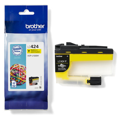 Yellow Brother LC-424Y ink cartridge next to packaging for high-quality printing, compatible with DCP-J1200W printer.