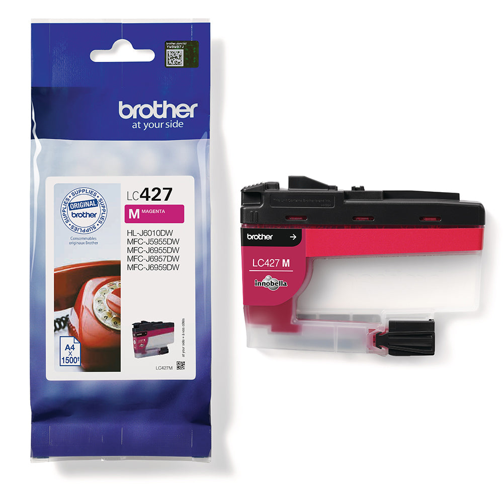 Brother LC-427M Magenta Ink Cartridge, packaging and cartridge shown, ideal for professional printing, 1500 pages capacity.