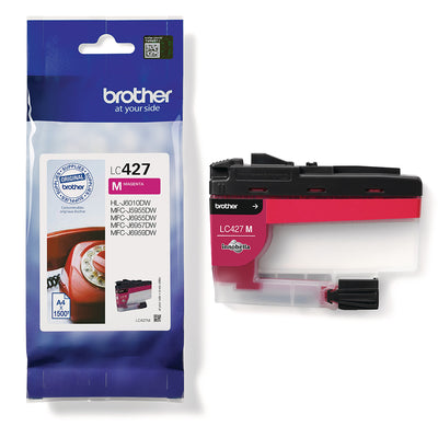 Brother LC-427M Tintenpatrone Magenta in Verpackung und Tintenpatrone einzeln abgebildet.