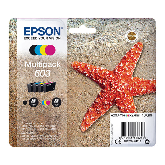 Epson 603 (T03U64010) Multipack Tintenpatronen Schwarz, Cyan, Magenta, Gelb auf sandigem Hintergrund mit Seestern